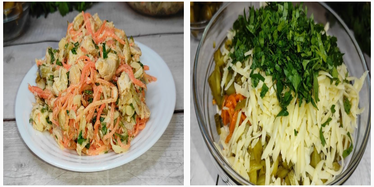 Салат “Лисичка” з корейською морквою та куркою. Дуже смачний та ситний.