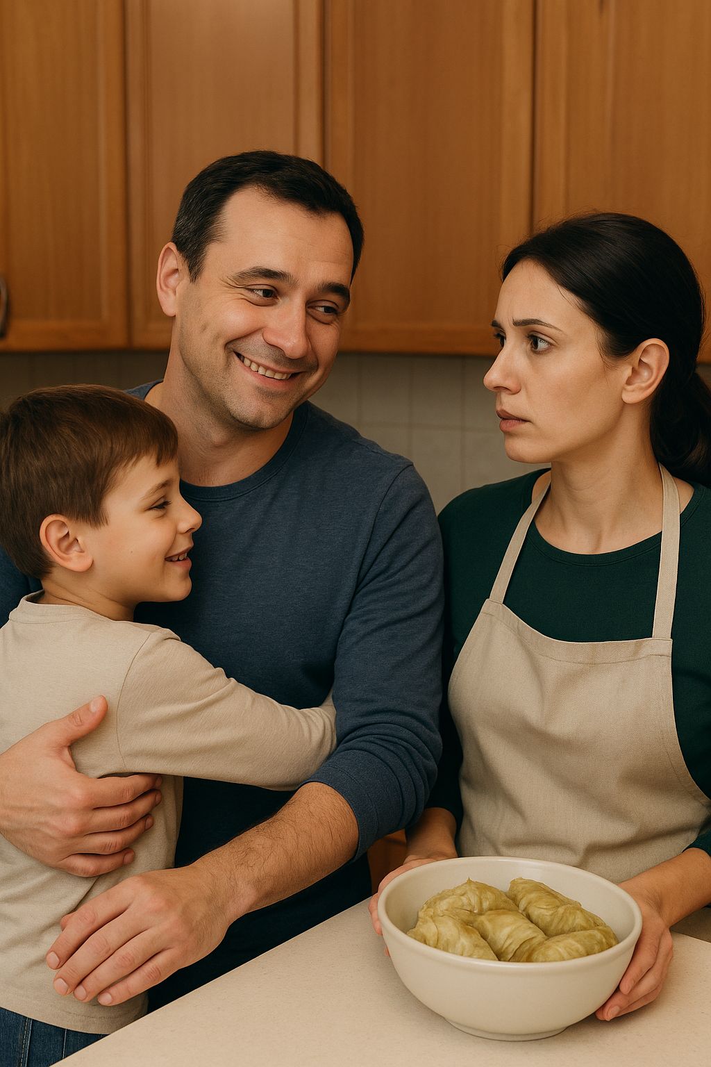 Вадим повернувся з роботи і зайшов на кухню до дружини. Ніна в цей час крутила голубці. Чоловік підозріло глянув на дружину. – Ти нічого не хочеш мені розповісти? – раптом сказав Вадим. Ніна застигла. – Невже він дізнався? – промайнуло в голові у жінки. В цей час на кухню забіг син Андрійко, і обійняв батька. Вадим усміхнувся і сказав: – Чому ти не кажеш, що нас запросили на виставку? Ніна видихнула. Адже Вадим, поки що, не підозрював, що виховує чужого сина