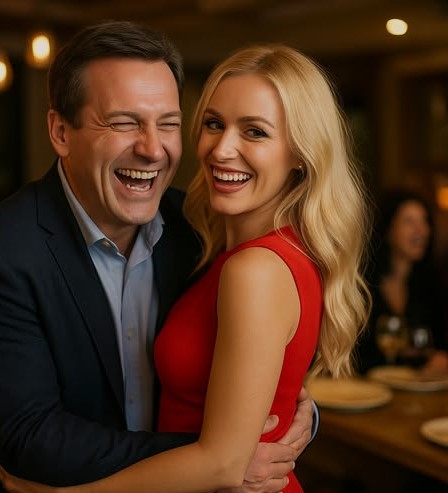 — А МОЯ ВIВЦЯ вдома СОЛЯНКУ готує! — реготав чоловік, обіймаючи за талію молоду блондинку у приталеній червоній сукні.