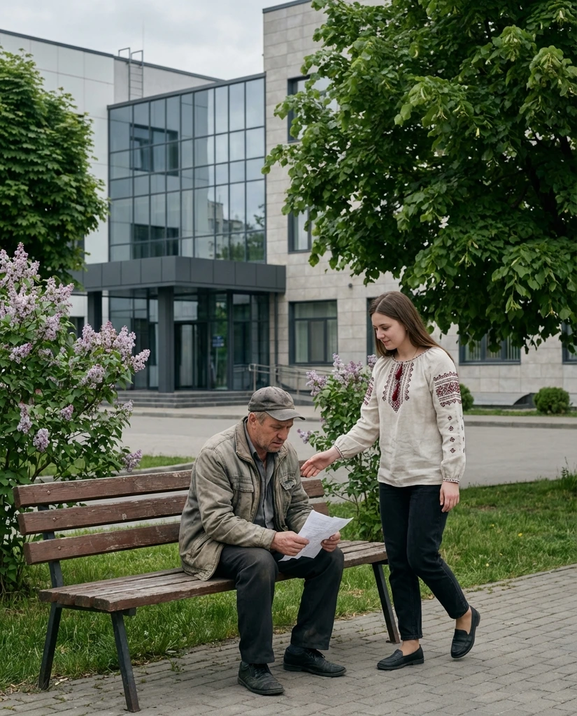 Олена йшла до мами на роботу. Біля будівлі, на лавці, вона помітила якогось чоловіка, він тут сидів вже не вперше. Вона набралася сміливості і підійшла до нього. – Здрастуйте, мене Оленою звуть, – ввічливо представилася вона. – Микола Семенович, – усміхнувся чоловік. – А у вас тут хтось лежить? – запитала вона, присівши поряд. – Так, син, – тихо відповів чоловік. Дівчина не втрималася: – А чому ви тут, а не поряд з ним? І тут Микола Семенович невитримав і заплакав. Олена не розуміла, що відбувається