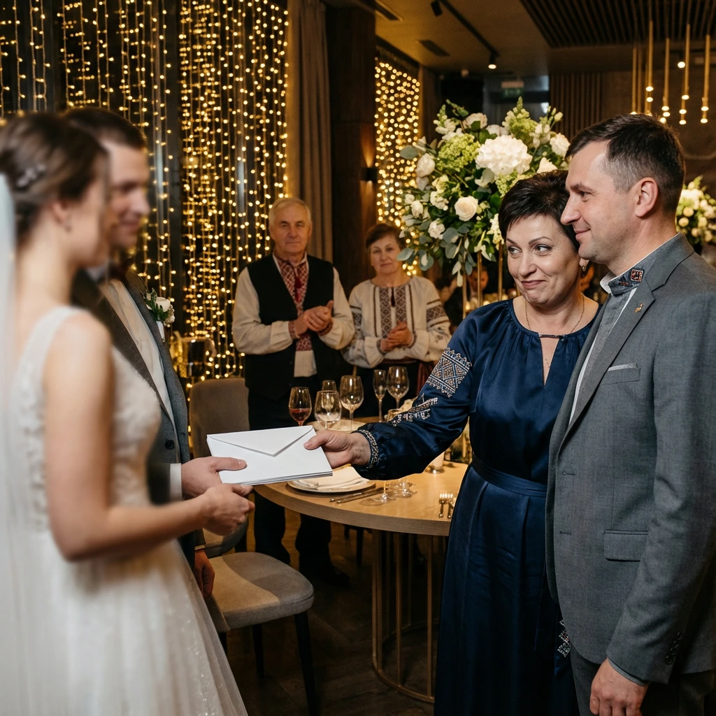 Раїса одружувала сина. Весілля гуляли в дорогому ресторані. Свято було в самому розпалі, настав час дарувати подарунки. Раїса з чоловіком гордо підійшли до молодят та вручили пухкенький конверт. Прийшов час батьків нареченої дарувати подарунки. Вони вийшли з порожніми руками. – Ну що з них взяти. Село! – тихо шепнула Раїса до чоловіка. Свати привітали молодих, зачитали побажання. Раїса Миколаївна тільки посміхнулася. Раптом батько Каті, Андрій Борисович, діставши з кишені якусь коробочку, відкрив її і всі застигли від несподіванки