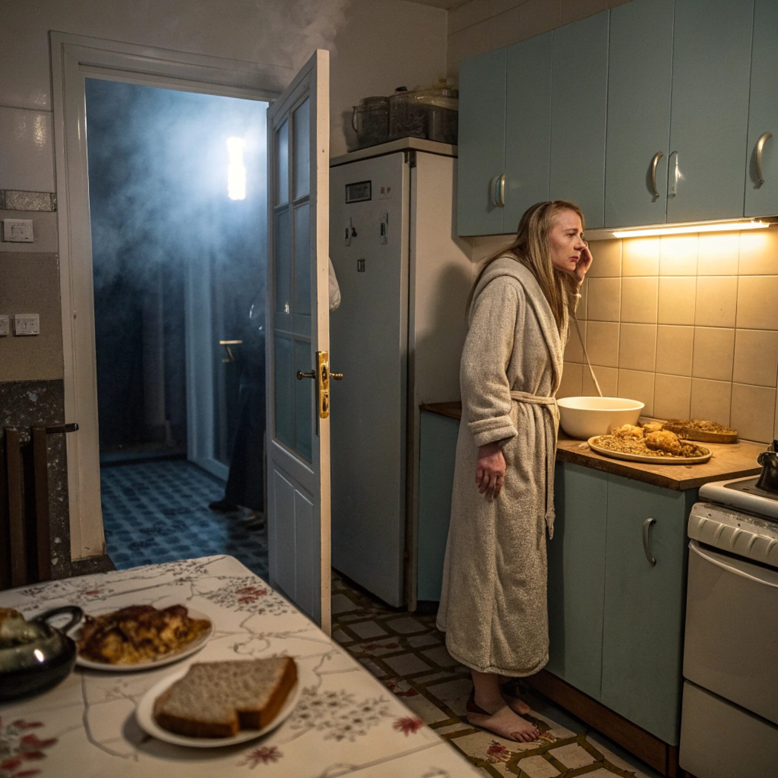 Олена вийшла з ванної кімнати, закрутила рушником волосся й пішла поставити чайник. Вдома вона була сама. Олена зайшла на кухню й застигла на порозі! На столі стояла хлібниця з нарізаним хлібом, у мийці лежала брудна тарілка й ложка з виделкою, а на плиті стояла каструля! Олена підійшла, доторкнулася – ще тепла… Раптом вона почула звук телевізора, який хтось увімкнув. – О, Господи, – прошепотіла дівчина. – Тут хтось є… Олена побігла у ванну і тільки й встигла накинути халат, як у двері хтось постукав.