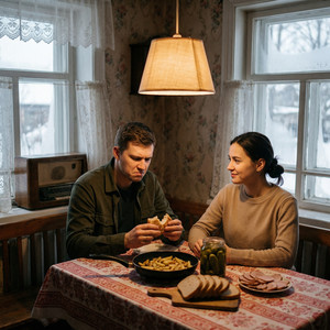 Чоловік прийшов з роботи. Зайшов на кухню і сів за стіл. Дружина поставила на стіл сковорідку зі смаженою картоплею, поруч сало і солоні огірки.