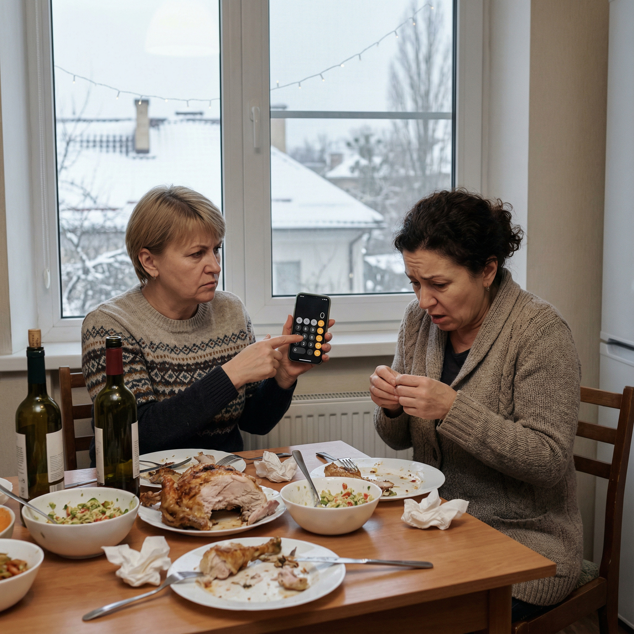 – Індичка, салати, закуски, напої, прикраси – все склала. Вийшло двадцять шість тисяч. Ділимо навпіл – тринадцять із вашого боку! – Незворушно видала сваха першого січня