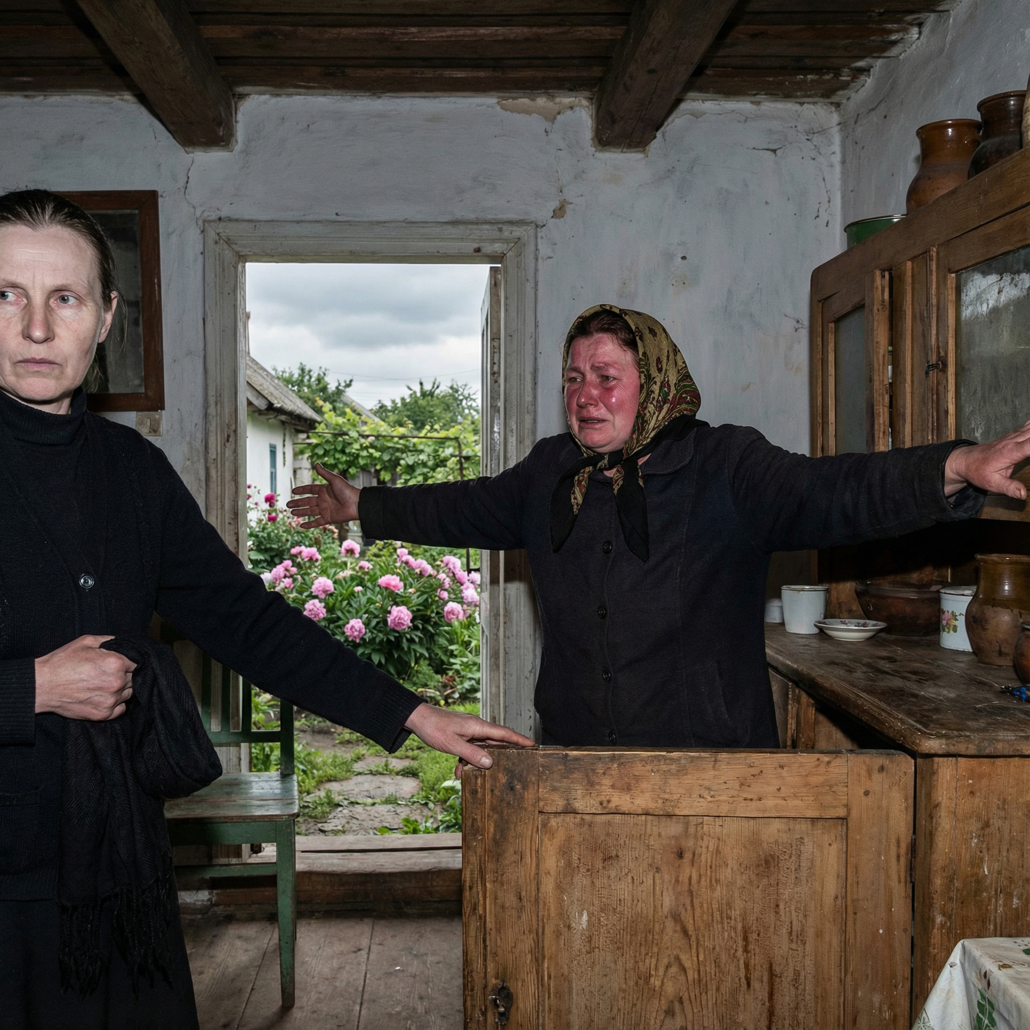 — Шо ти мелеш? Батька дві години як поховали! Тобі совість очі не виїдає? Ти ще землю з черевиків не обтрусила, а вже хату на шматки ділиш!