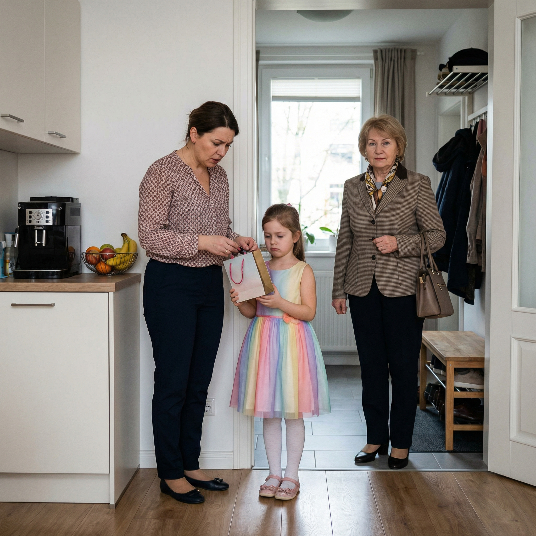 Марина поралася на кухні, коли у двері подзвонили. На порозі стояла свекруха. – Де іменинниця? – запитала Вікторія Василівна, як тільки невістка відкрила двері. – Оля, бабуся прийшла! – гукнула Марина до доньки. Дівчинка зявилася за кілька секунд. – Я довго думала, що тобі подарувати, і вирішила, що цей подарунок ідеально підійде! – гордо сказала Вікторія Василівна і витягла з кишені маленький пакетик. Оля відкрила подарунок і її обличчя миттєво стало сумним. Марина запереживала, чому її донька так засмутилася і вирішила глянути, що Вікторія Василівна подарувала їй. Марина заглянула у пакетик і застигла від побаченого