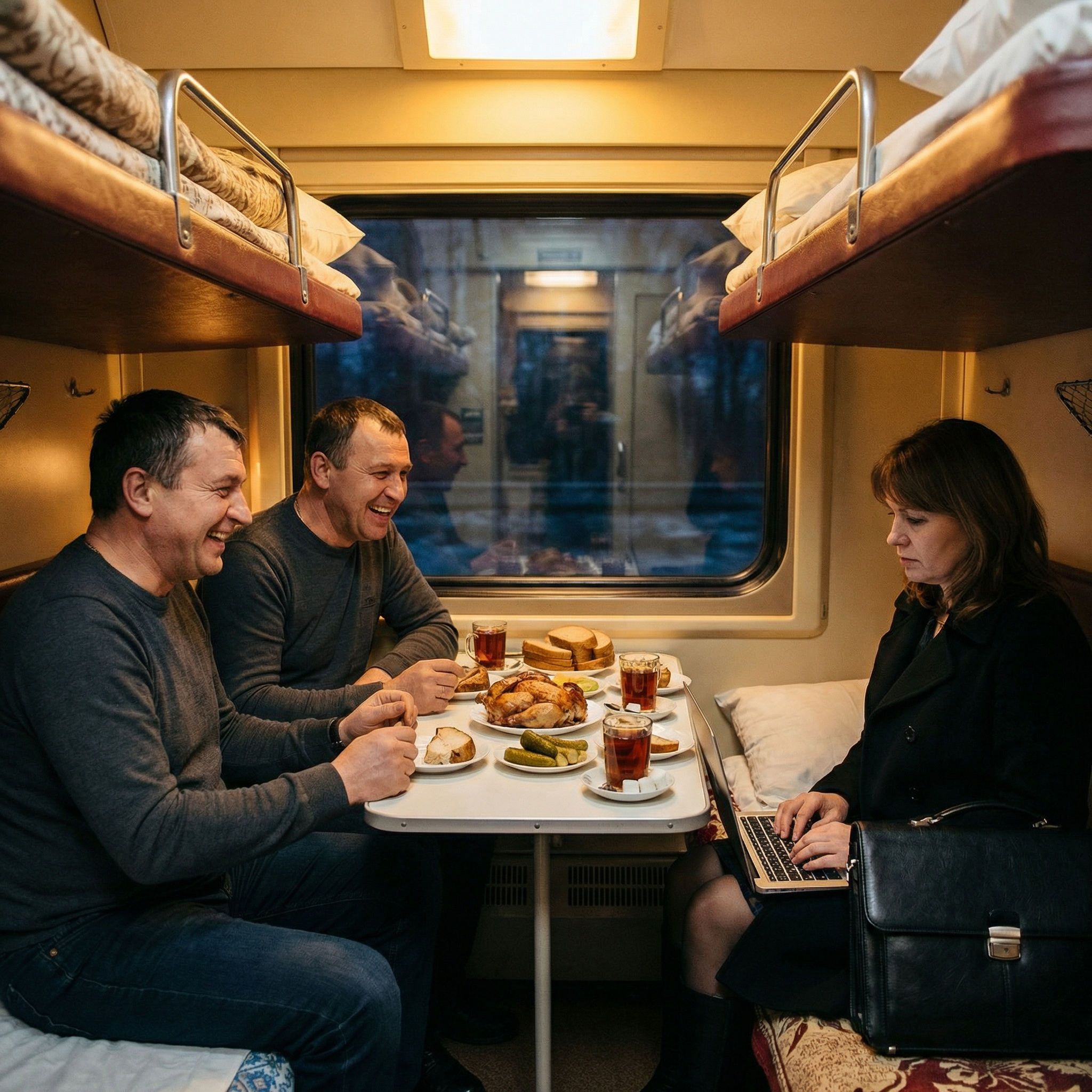 “Ольга не знала, що їм і відповісти їх троє, а вона одна. Чи може попросити у провідниці місце поміняти? Хоча немає жодної впевненості, що є вільні місця. Та ще раптом ці типи образяться?