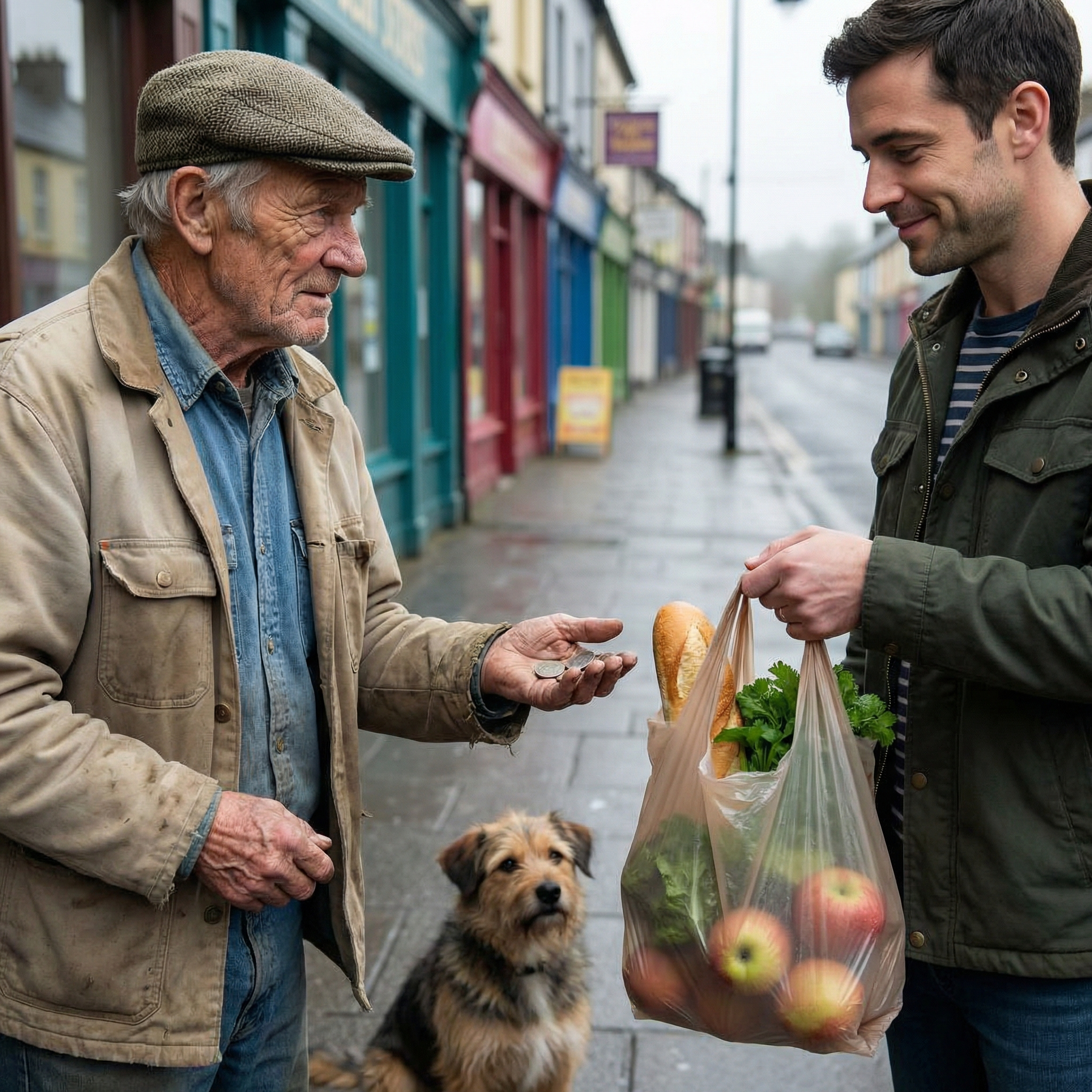 онучку не знайдеться у тебе гривень двадцять на хліб?Той простягав йому тремтячу долоню, на якій було трохи копійок.Андрій, порпаючись у кишенях. простягнув старому свій пакет з продуктами.старий вказав рукою на кудлатого невеликого песика, що сидів поруч.