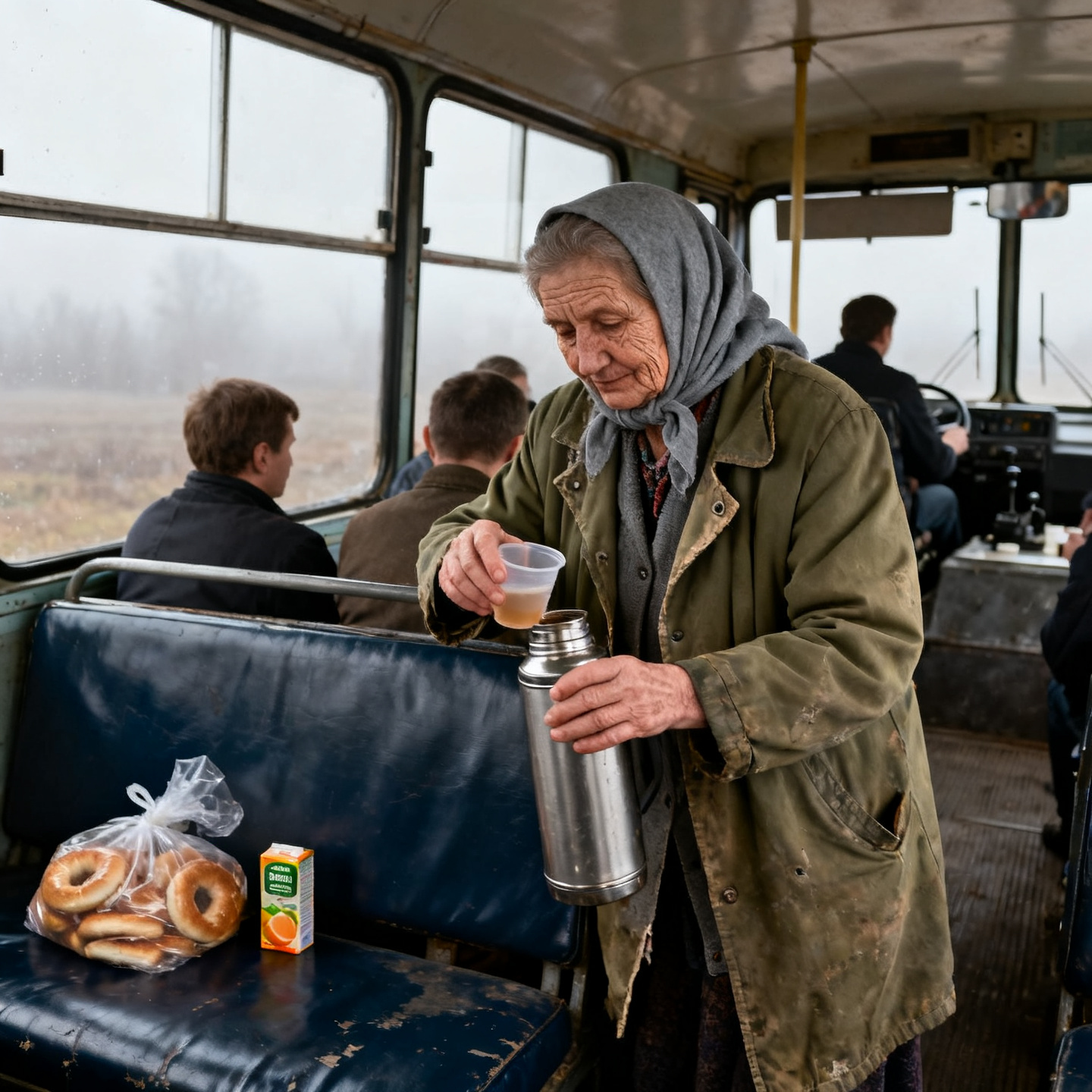 — Може, чаю? — У мене термос…. Із чаєм. На всіх вистачить. Усі обернулися. Ніби вперше почули її голос. — Що?— Хто вона? —. Ні з ким не розмовляє…Сивоволоса, у сірій хустці. автобус не заглух посеред поля. Просто — хрясь, і край…А навкруги… Тільки вітер по голому полю і ґави вдалині.