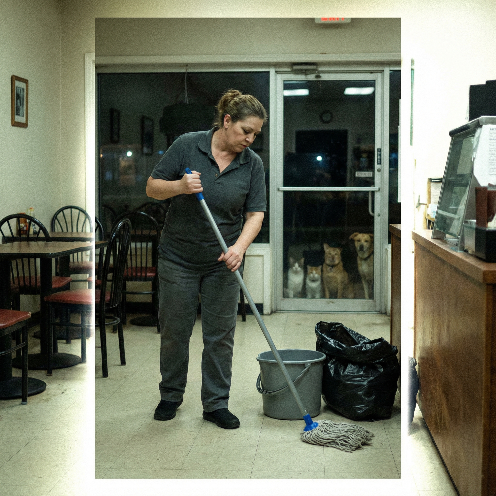 Зарплата у неї була невелика. Вона «стояла на салатах». Так кажуть про тих, кому довіряють поки що тільки одне — робити салати. Тому вона підробляла ще й на прибиранні. Після роботи, коли всі йшли, вона залишалася і виносила сміття та недоїдки, підмітала і мила підлоги. Доплачували небагато, та в сумі виходило непогано. Ось так вона і познайомилася з компанією котів і собак, які весь день терпляче чекали, коли вона з’явиться вночі з недоїдками. Годувати їх категорично заборонялося.