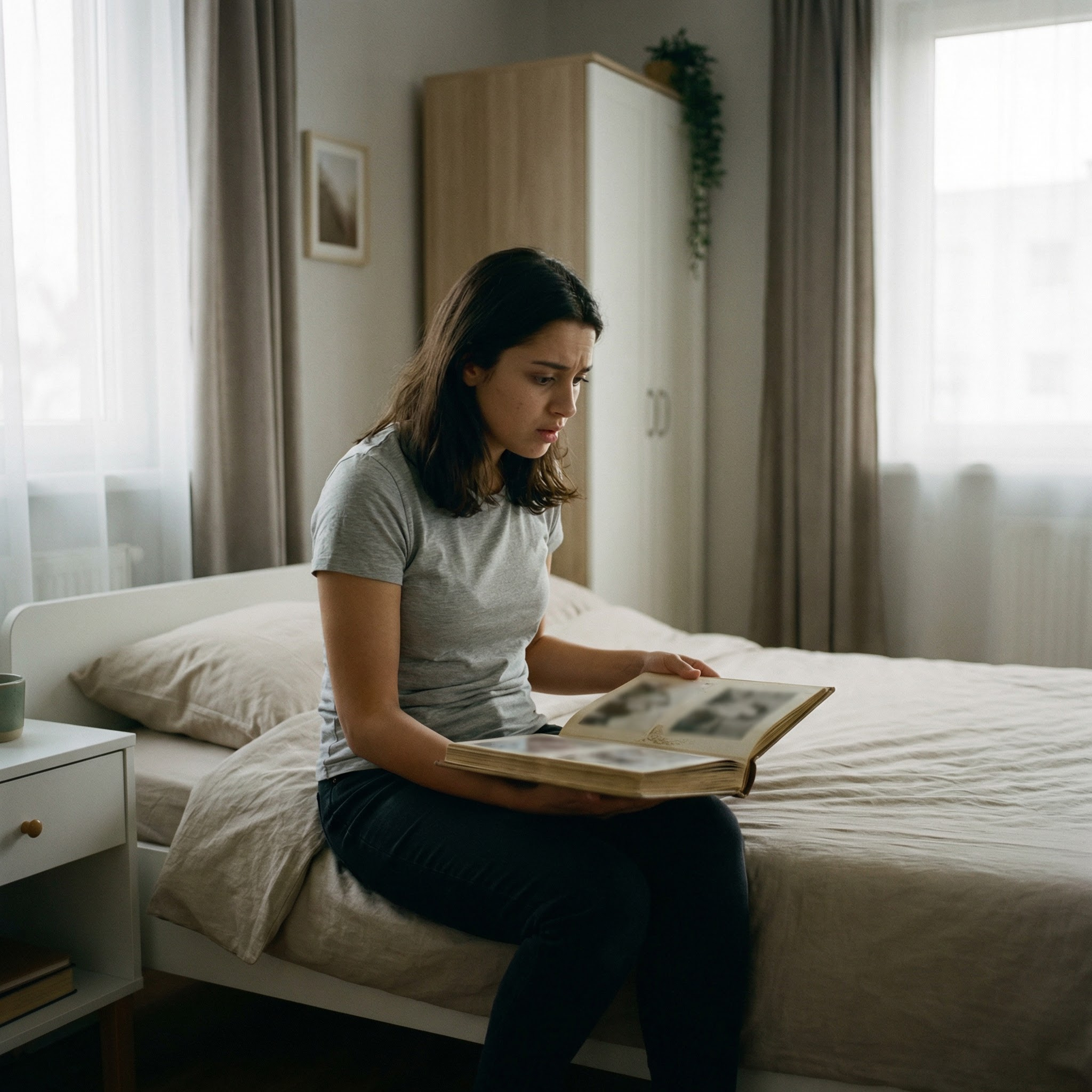 Надія була вдома одна. Її названа мати з вітчимом поїхали в гості. Надя зайшла до їхньої спальні і почала шукати пульт від телевізора. Раптом вона помітила на тумбочці фотоальбом. Вона присіла на ліжко, відкрила його і раптом застигла. На фото була її рідна мати, а обіймав її молодий вітчим! – Як таке може бути?! – вигукнула вона