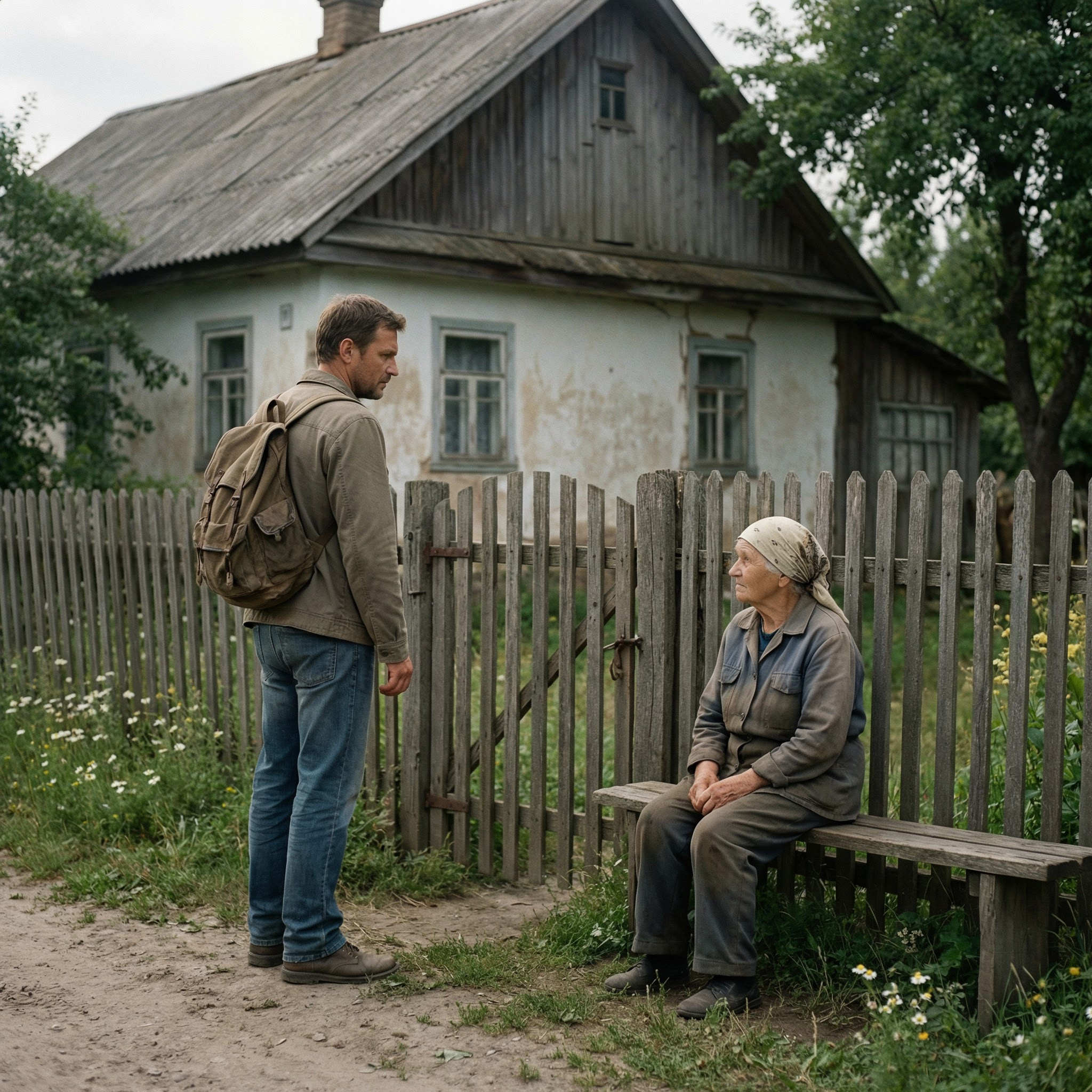 Віктор повернувся у рідне село. Підійшов до старого будинку в якому раніше жив. Раптом побачив – літня жінка на лавці сидить. – Треба спитати, хто тут зараз живе, – подумав Віктор. – Доброго дня! – привітався він. – Доброго дня! –  відповіла жінка, а сама дивиться з цікавістю. – Я раніше, у цьому будинку жив. Не знаєте хто живе тут зараз? – запитав Віктор. Жінка раптом якось дивно заморгала очима. – Вітя, це ти? – здивувалася вона