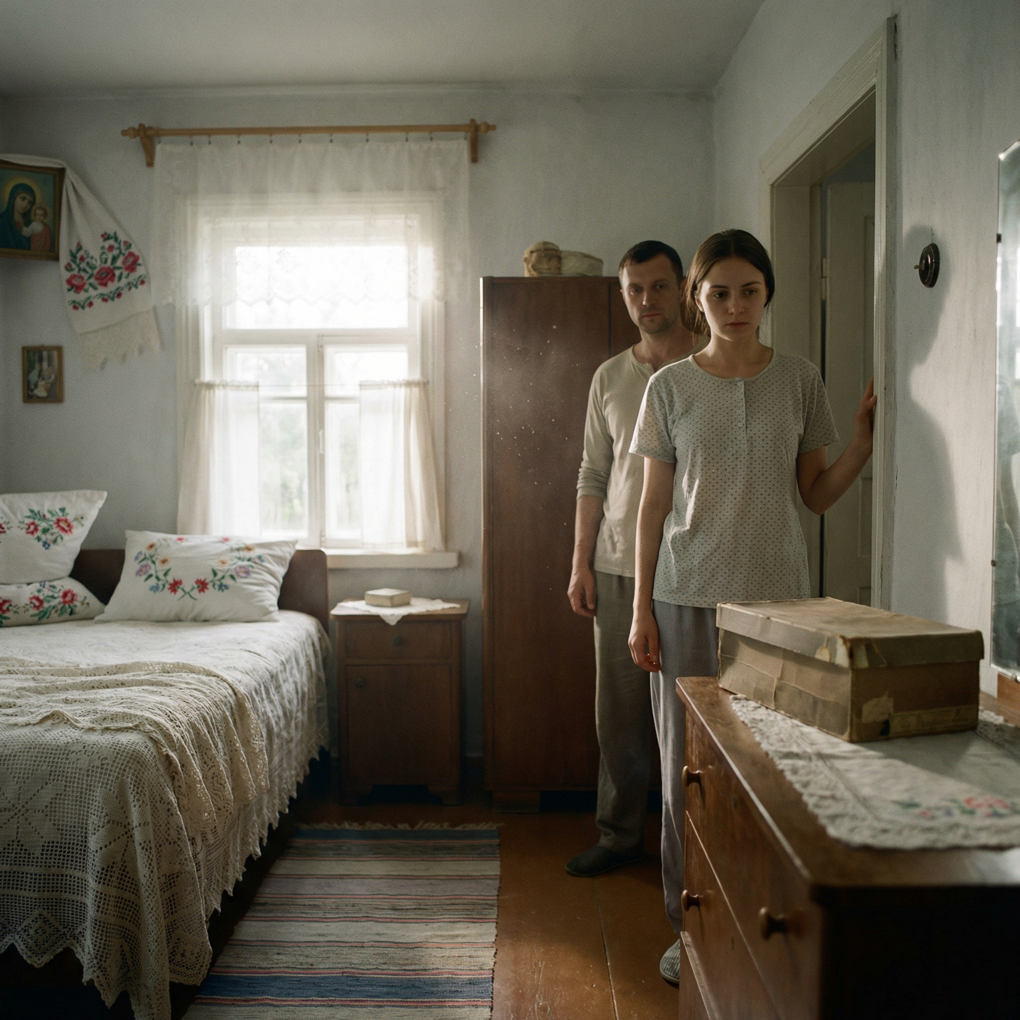 У суботу, рано вранці Валя з Сашком приїхали в село. У будинок, який залишився Валі від батьків. Жінка тихенько переступила поріг рідного дому. Акуратно заправлене ліжко, мереживні накидки на ошатних вишитих подушках. Здавалося, мама просто вийшла і зараз повернеться… Тільки пил видавав піврічну відсутність людини. На комоді лежала якась коробка з-під взуття. Валя відкрила коробку і ахнула