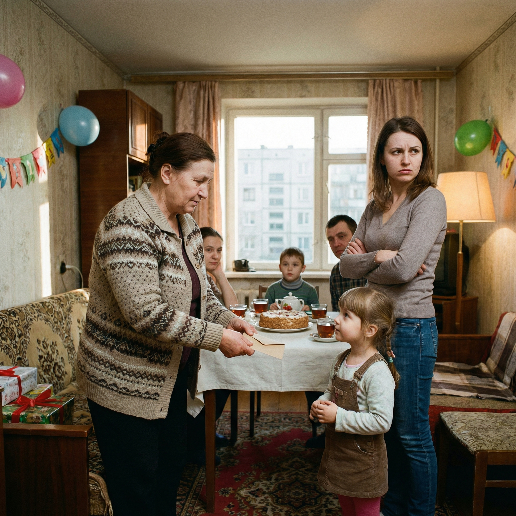 Я прийшла на день народження внучки і поклала в конверт лише 400 гривень. Невістка образилася, цю суму вона вважає занадто мізерною, та мені здається, що я все правильно зробила