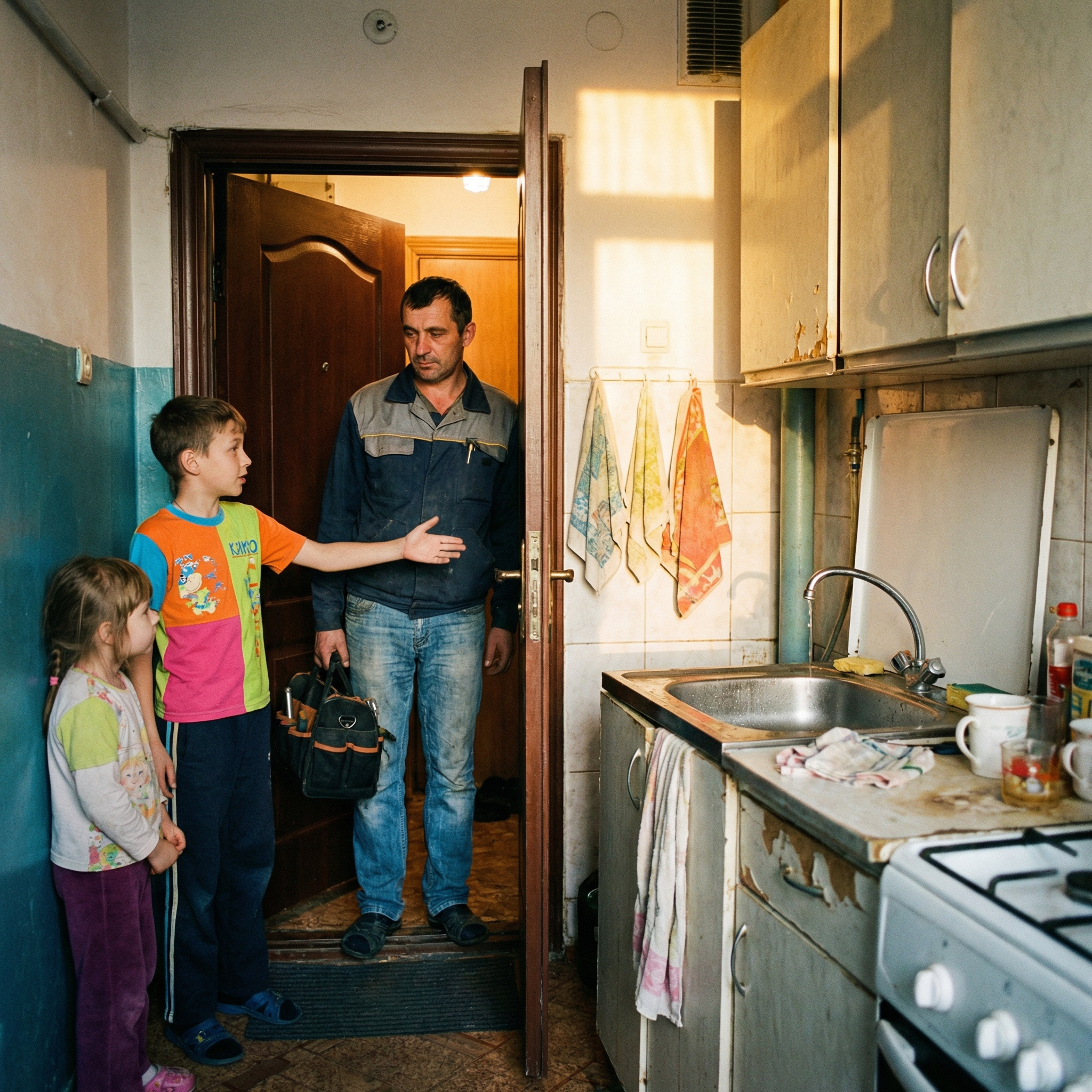 Микола приїхав на виклик. Йому відчинив хлопчик років десяти і дівчинка. – Мама скоро буде, заходьте! Кран на кухні капає, – сказав хлопчик. Микола зайшов, полагодив кран. – Тато б сам зробив, але він льотчик. Його не буває вдома, – пояснив хлопчина. Прийшла мати і розрахувалася з Миколою, а хлопчик вийшов його провести. – Нема у нас ніякого тата льотчика! Мама це вигадала, – раптом сказав він