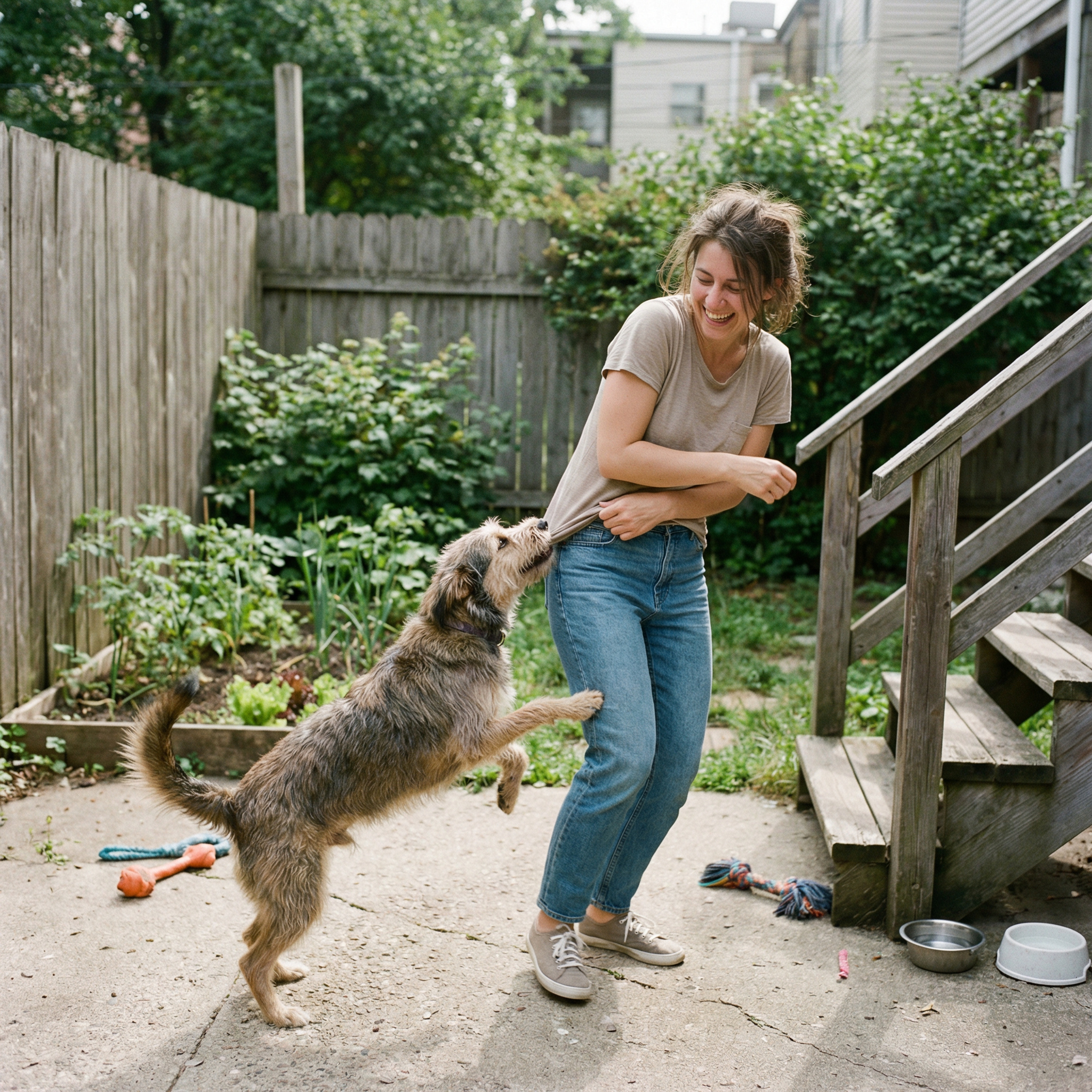 – Бароне, Бароне! Відчепися! Ну скільки тобі разів казати? Не кусай мене. Не кусай руку, яка тебе годує! Гаразд, вмовив, пішли ще погуляємо