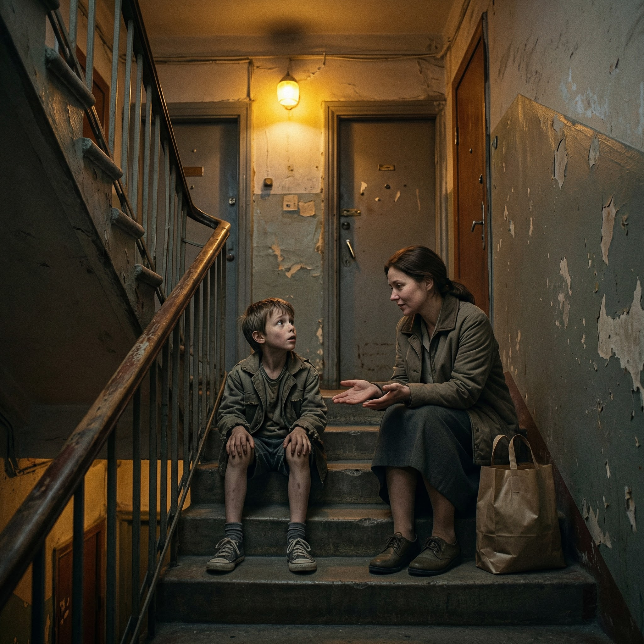 – Славко, ходімо до мене, я хоч нагодую тебе чимось, – сказала Ірина. – А можна? – здивувався хлопчик. – А чому ні? Я сама живу… Ну не сидіти ж тобі й далі на сходах, побудеш у мене, поки твій тато не повернеться