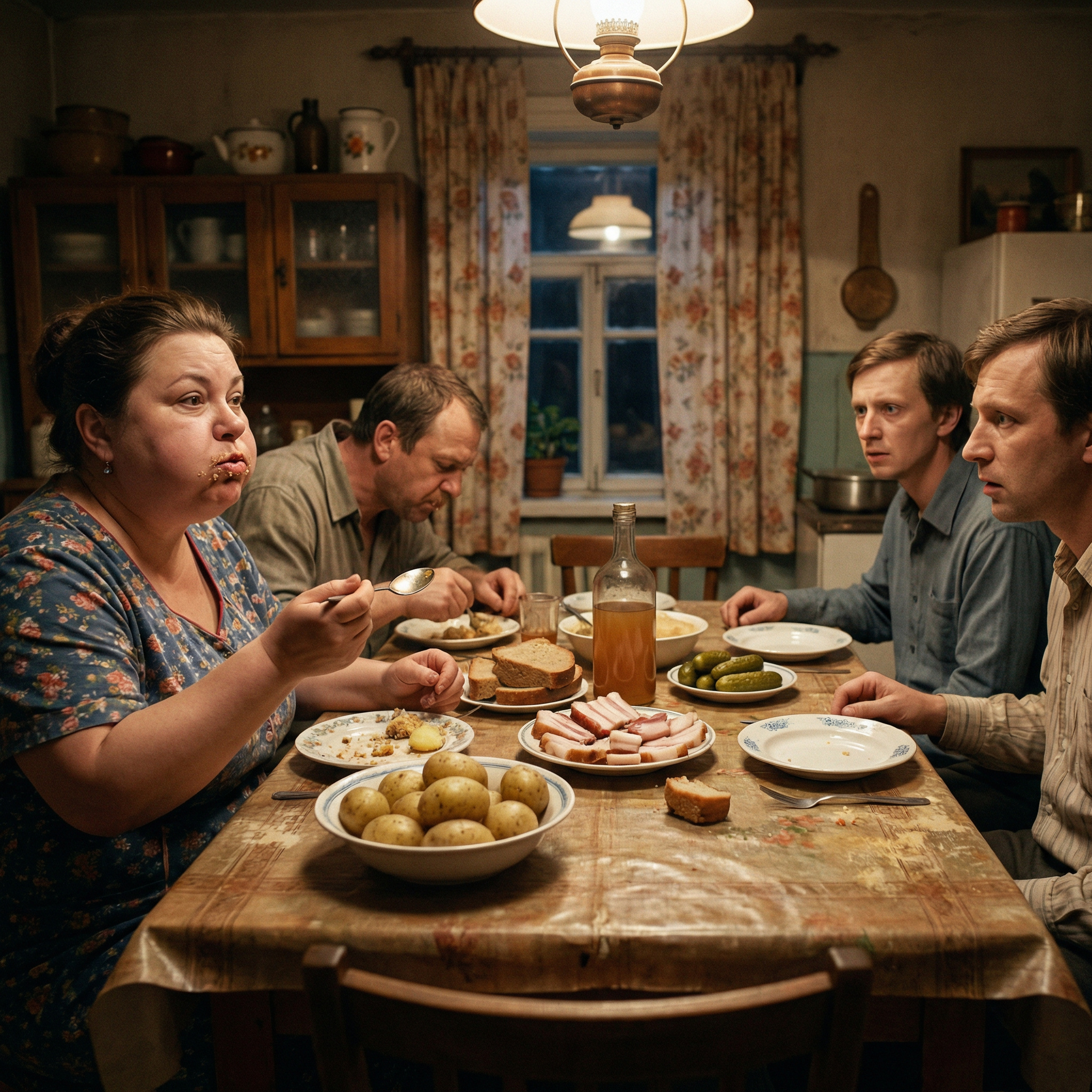 — Ви їжте, їжте, гості дорогі, – примовляла вона, напхавши повний рот, – сальце то в нас свіженьке, м’якеньке, так і тане в роті. А картопля молоденька, з нашого городу. Вась, ти чого вуха розвісив, їж давай. Не встигли гості озирнутися, як господарі самі все й змели