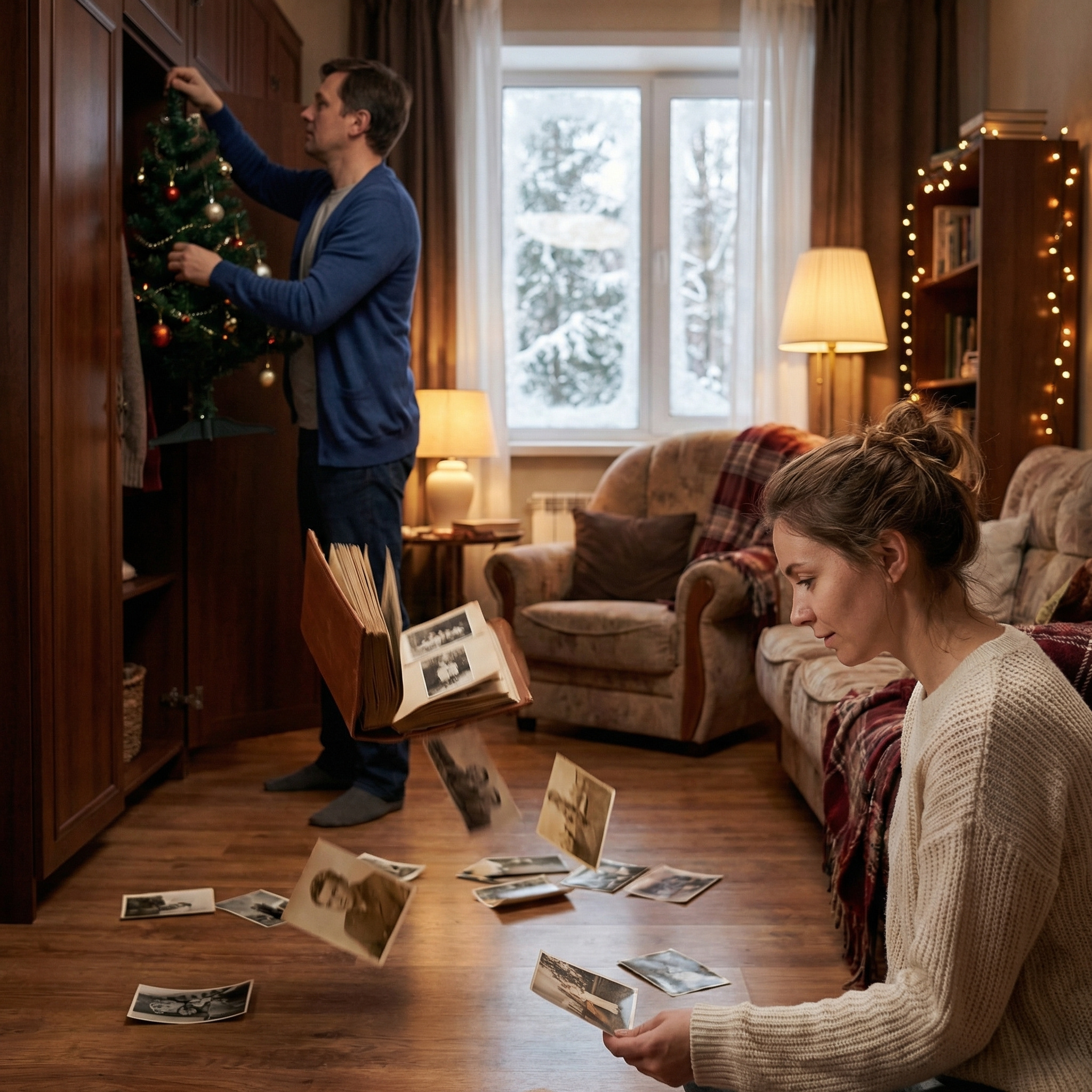 Олена прибирала в квартирі. Вона щойно переїхала до Сергія, та й свята скоро. – Слухай, а в тебе ялинка є? – запитала вона чоловіка? – Десь мала бути на шафі. Зараз дістану! Сергій поліз на шафу, потягнув до себе ялинку і раптом звідти випав альбом з фотографіями. Олена глянула на одну з них і якось дивно подивилася на чоловіка. – Це що за фото? – запитала вона