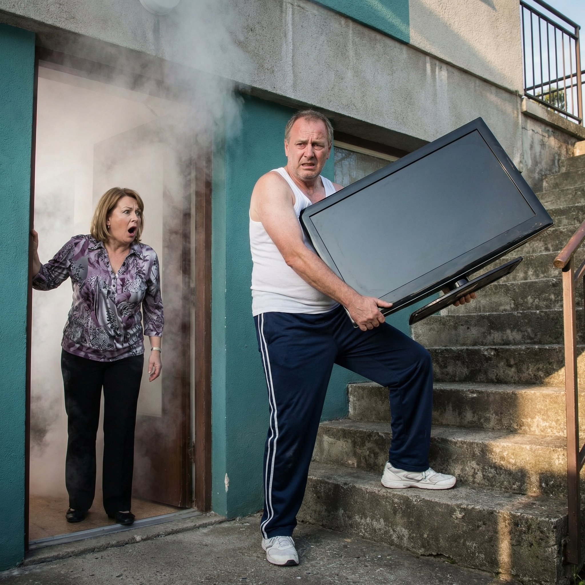 Чоловік 5 років не працював через «хвору спину». Я крикнула «Пожежа!», і він обігнав мене на сходах, тягнучи в руках плазмовий телевізор.