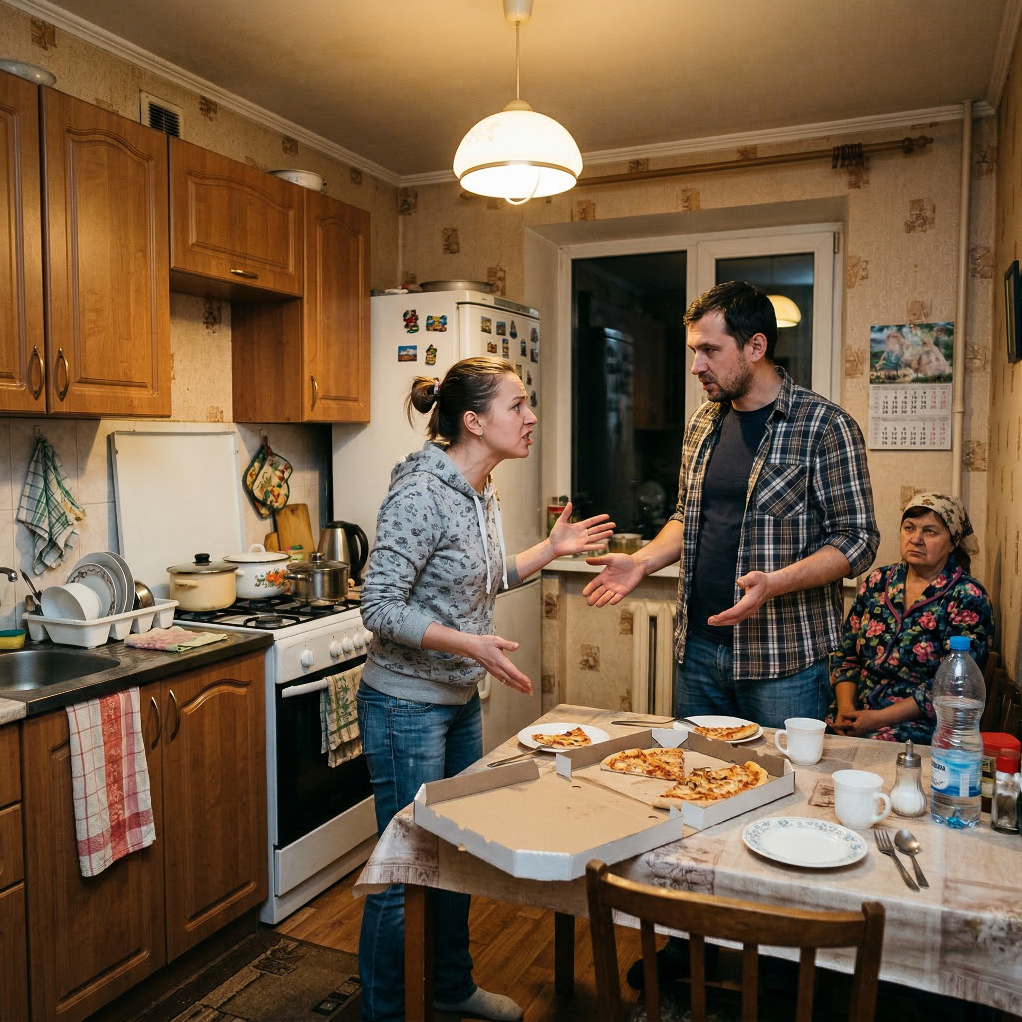 — Так, я замовила піцу! Тому що я прийшла з роботи і хочу їсти, а не слухати від твоєї мами, що я неправильно варю картоплю!